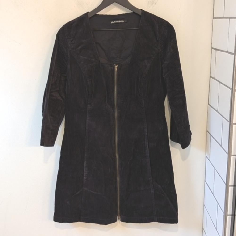 Gudrum Sjoden Women's Black Cotton Corduroy Square Neck Full Zip Dress M